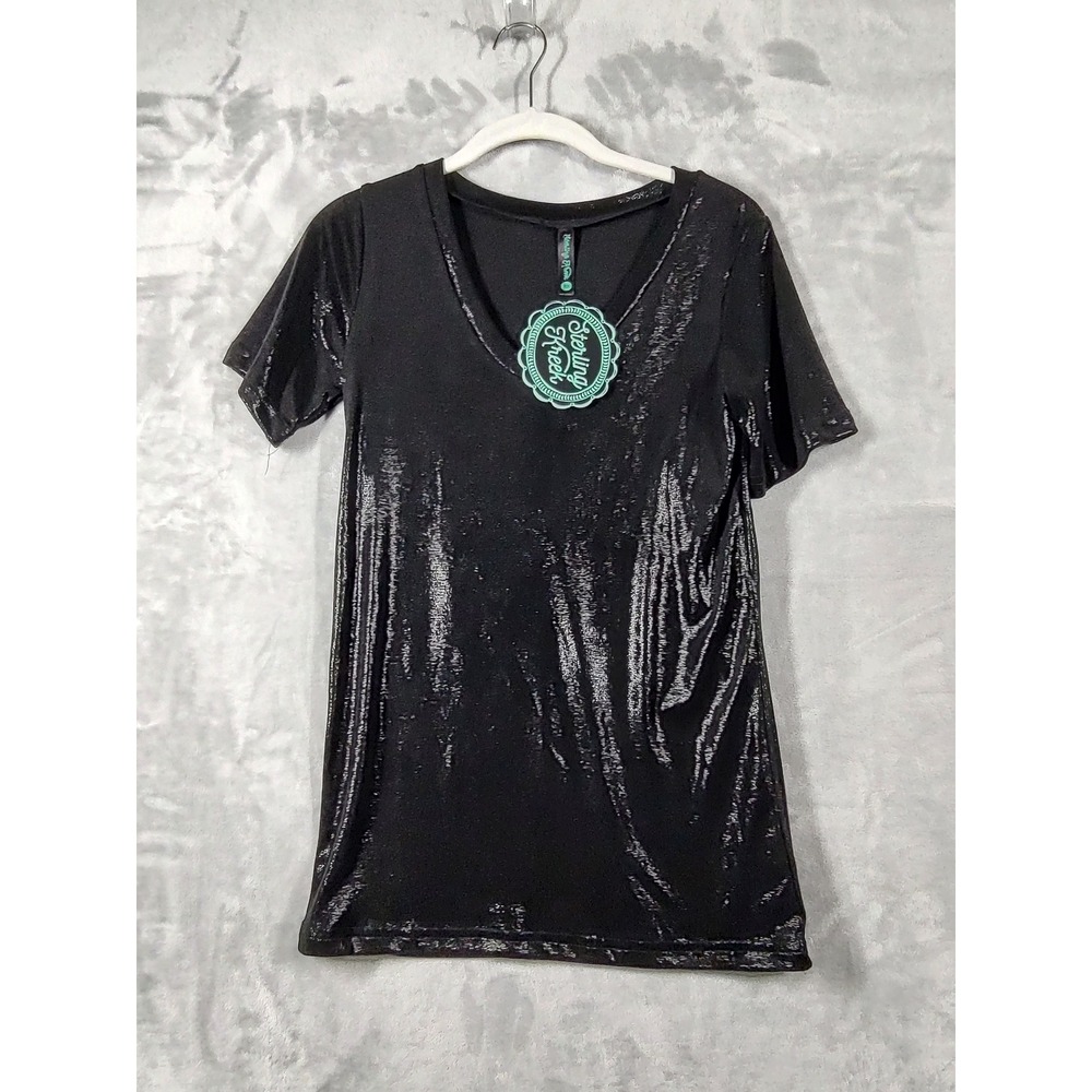 Sterling Kreek Womens Metallic Black V-Neck Short Sleeve Shimmer Top XS New